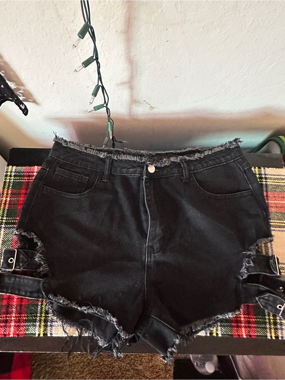 High-Rise Black Frayed Hem Denim Buckled Shorts